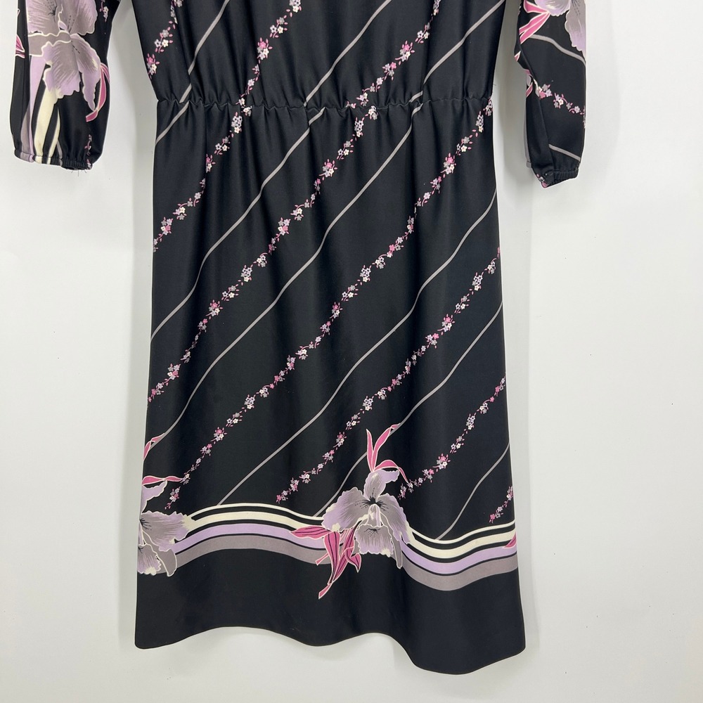 Vintage Avon Fashions Black Floral Midi Dress 7/8 Pink Purple Stripe 8498 - Picture 5 of 10